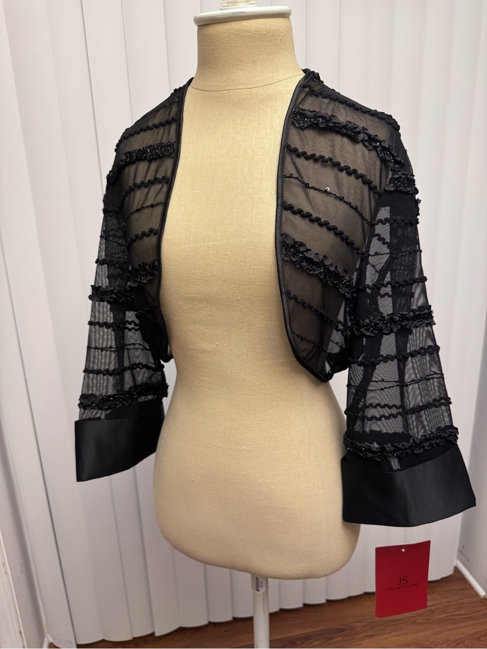 JS Collections Black Sheer Mesh Embellished Bolero Shrug